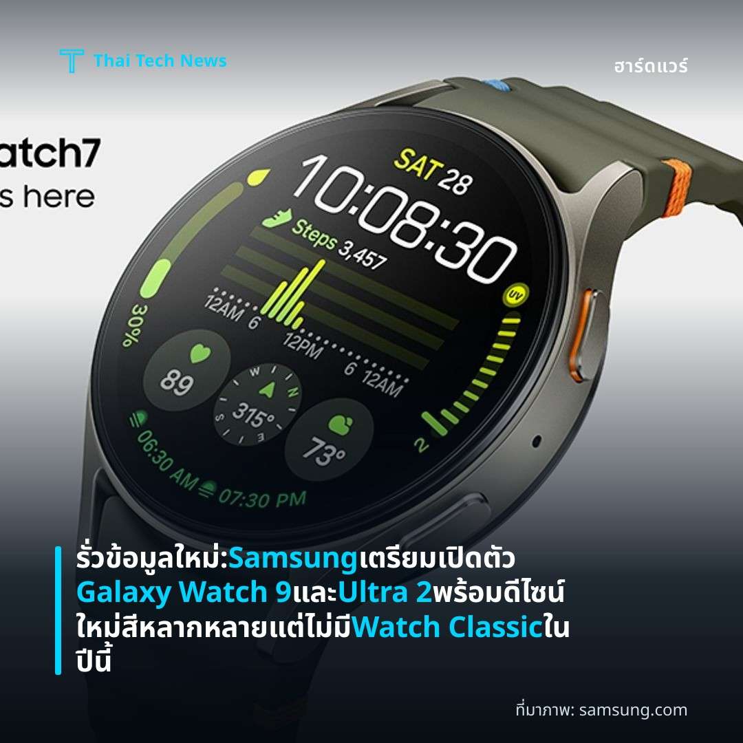 รั่วข้อมูลใหม่: Samsung เตรียมเปิดตัว Galaxy Watch 9 และ Ultra 2 พร้อมดีไซน์ใหม่ สีหลากหลาย แต่ไม่มี Watch Classic ในปีนี้