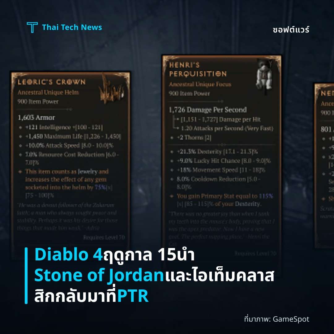 Diablo 4 ฤดูกาล 15 นำ Stone of Jordan และไอเท็มคลาสสิกกลับมาที่ PTR